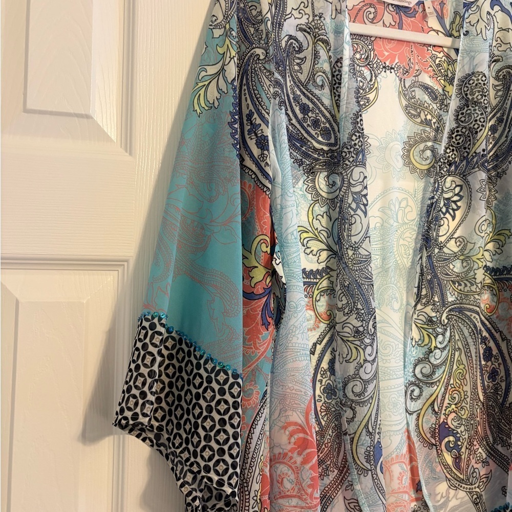 NWOT Soft Surroundings Coral and Blue Sheer Paisley Kimono Topper - Picture 4 of 10